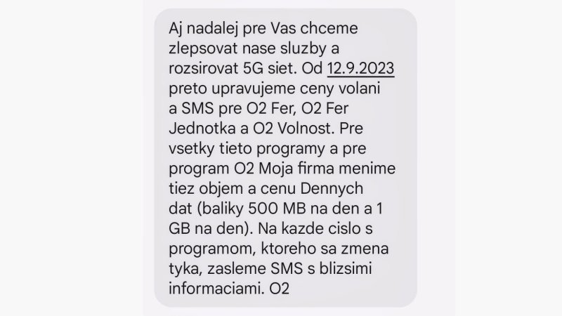 O2 posiela SMS správy o navýšení cien od 12. 9. 2023